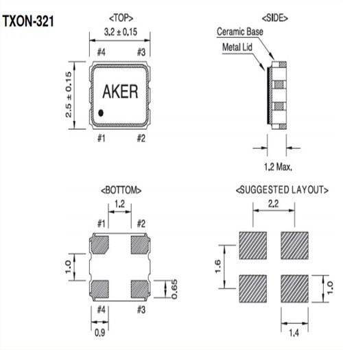 AKER环保晶振,TXON-321小体积晶振,3225mm四脚贴片晶振