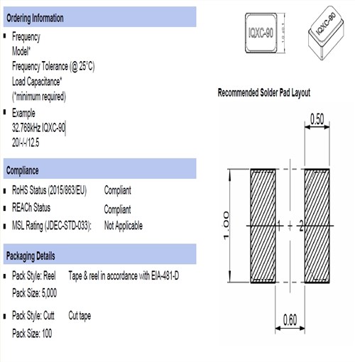 IQD音叉谐振器,IQXC-90晶振,32.768kHz IQXC-90 20/-/-/12.5,1610mm